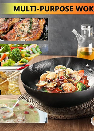 Carbon Steel Wok Pan, 14 Piece Woks & Stir-Fry Pans Set with Wooden Lid Cookwares, No Chemical Coated Flat Bottom Chinese Pan for Induction, Electric, Gas, Halogen All Stoves - 12.6''