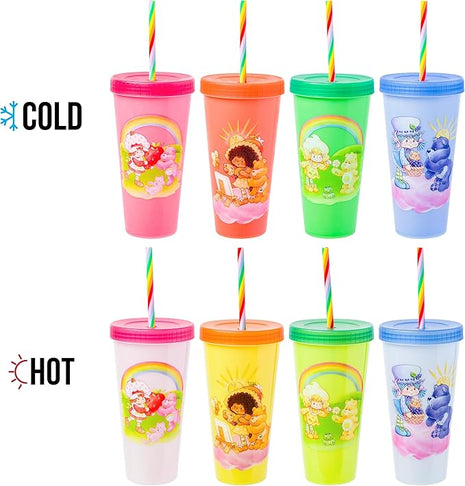 Silver Buffalo Care Bears Strawberry Shortcake Color Change Plastic Tumbler 4 Pack Featuring Orange Blossom Lemon Meringue Cheer Funshine Friend Blueberry Muffin Grumpy, 24 Ounces