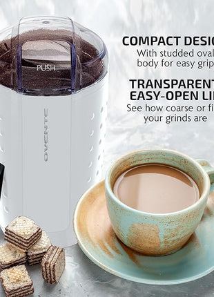 OVENTE Electric Coffee Grinder for Beans, Spices and More, 2.5Oz Compact Grinding Mill, Spice Grinder with Stainless Steel Blade, Pulse Button Operation and Transparent Easy to Open Lid, White CG225W