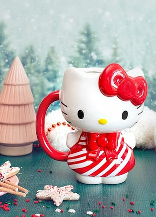 Silver Buffalo Sanrio Hello Kitty Christmas Holiday Candy Cane Dress 3D Sculpted Ceramic Mug, 20 Ounces