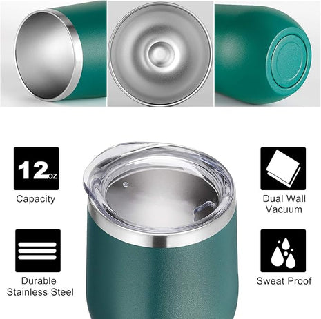 VEGOND Wine Tumblers Bulk 12 Pack, 12oz Stainless Steel Stemless Wine Glass with Lids and Straws, Double Wall Vacuum Insulated Tumbler Cup, Coffee Mug for Cold Hot Drinks