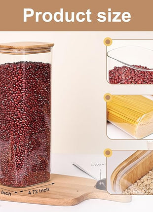 Liuruiyu Glass Storage Jars Set of 3, Clear Glass Food Storage Containers with Airtight Bamboo Lid Stackable Kitchen Canisters for Candy,Cookie,Rice,Sugar,Flour,Pasta(Flat)