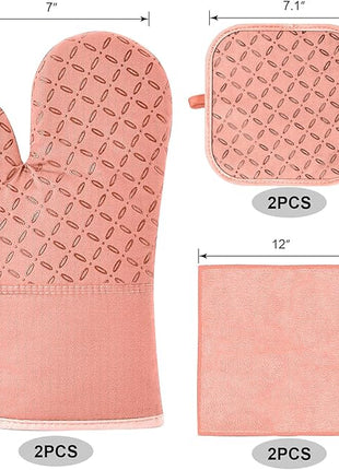 KEGOUU Oven Mitts and Pot Holders 6pcs Set, Kitchen Oven Glove High Heat Resistant 500 Degree Extra Long Oven Mitts and Potholder with Non-Slip Silicone Surface for Cooking (Pink)