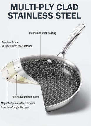 Cooks Standard 12-Inch Hybrid Nonstick Wok with Tempered Glass Lid, Multi-Ply Clad Stainless Steel Flat Bottom Wok Stit Fry Pan, Oven Safe, Induction Ready, Compatible with All Stovetops