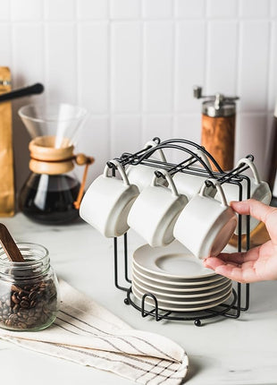 YHOSSEUN Espresso Cups with Saucers and Metal Stand, 4 Oz Ceramic Expresso Shots Cup Espresso Small Coffee Cups Set of 6, Beige