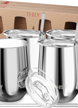 THILY Vacuum Insulated Stemless Wine Tumbler 4 Pack Stainless Steel Wine Glass with Lid and Straw, Keep Cold or Hot for Coffee, Cocktails, Christmas Birthday Gift, Mirror Silver