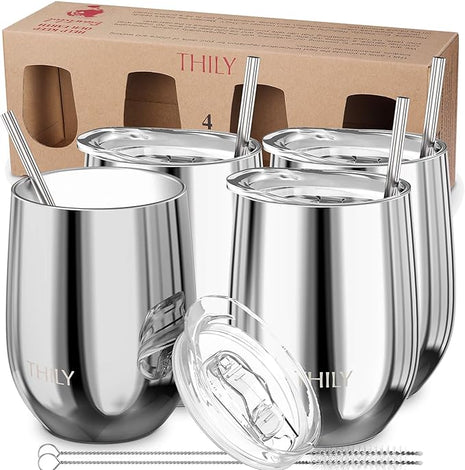 THILY Vacuum Insulated Stemless Wine Tumbler 4 Pack Stainless Steel Wine Glass with Lid and Straw, Keep Cold or Hot for Coffee, Cocktails, Christmas Birthday Gift, Mirror Silver