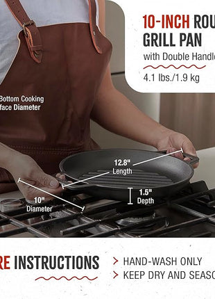 Victoria Cast Iron Round Grill Pan with Double Loop Handles, Made in Colombia, 10 Inches