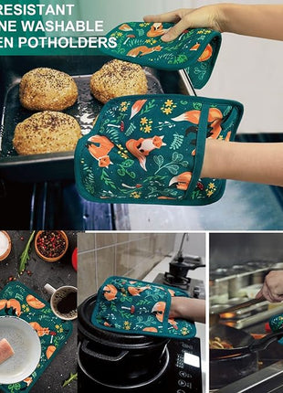 Pot Holders Set of 2 Heat Resistant 480℉ Kitchen 100% Cotton Comfortable Lining Printing Fox Flower Women Men Home Cooking Baking Microwave BBQ Gift(Fox Flower)