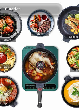 TIBORANG 8 in 1 Multipurpose 11 Inch 5 Quart Heat Indicator Nonstick Deep Frying Pan with Glass Lid, Stay-cool Handle, Steamed Grid, PFOA-Free,Dishwasher&Oven Safe,Works with All Stovetops (Black)