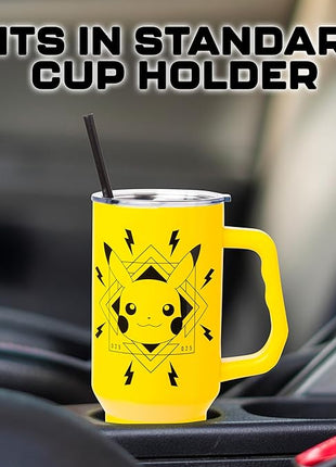 Silver Buffalo Pokémon Lightning Stainless Steel Tumbler with Handle Featuring Pikachu, Fits in Standard Cup Holder, 40 Ounces