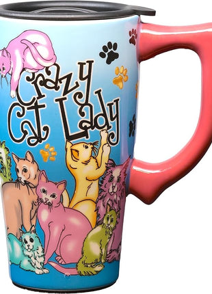 Spoontiques - Ceramic Travel Mugs - Crazy Cat Lady Cup - Hot or Cold Beverages - Gift for Coffee Lovers