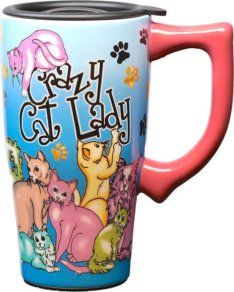 Spoontiques - Ceramic Travel Mugs - Crazy Cat Lady Cup - Hot or Cold Beverages - Gift for Coffee Lovers