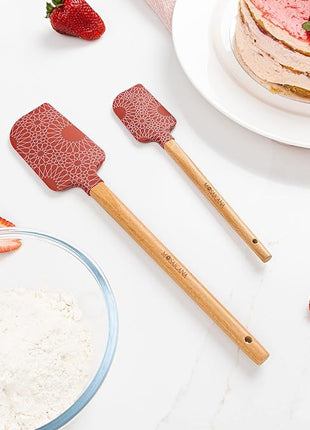 Silicone Spatula set of 2 with wooden handle and stunning pattern (Red)