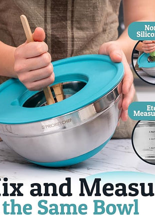 Priority Chef 6Pc Large Mixing Bowls With Lids Set with Non-Slip Bases, Stainless Steel Mixing Bowl Set, 6 Airtight Lids and 3 Graters, Turquoise