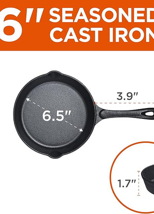 Commercial CHEF 3-Piece Cast Iron Skillet Set – 6 inch, 8 inch, and 10 inch - Pre-seasoned Cast Iron Cookware, Black