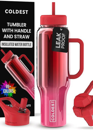 Coldest Tumbler with Handle and Straw, 100% Spill Proof Tumbler with Straw (3 Lids), Stainless Steel Insulated Leakproof Tumblers for Women & Men, Cup Holder Friendly, 46 oz (Strawberry Nova)
