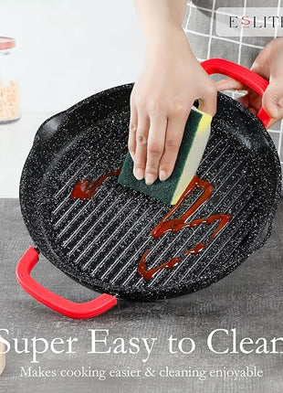 ESLITE LIFE Nonstick Grill Pan for Indoor Cooking, Versatile Induction Square Large Grilling Skillet Steak Pan for Stove Tops, PTFE & PFOA Free (Black, 11" w/Round & Lid & Tongs)