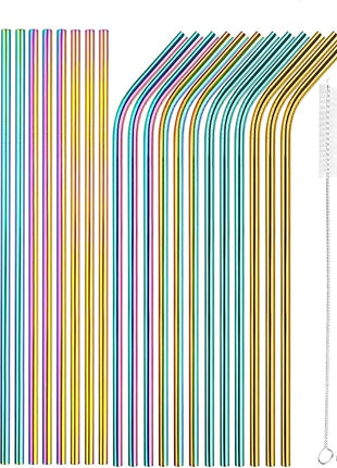 [24 PCS] Value Pack Reusable Stainless Steel Straws in Bulk Extra Long 10.4 inch Colorful,Tomorotec Metal Straw Sets with Cleaning Brushes,12 Straight 12 Bent For Tumblers Beverage Drink Cocktail