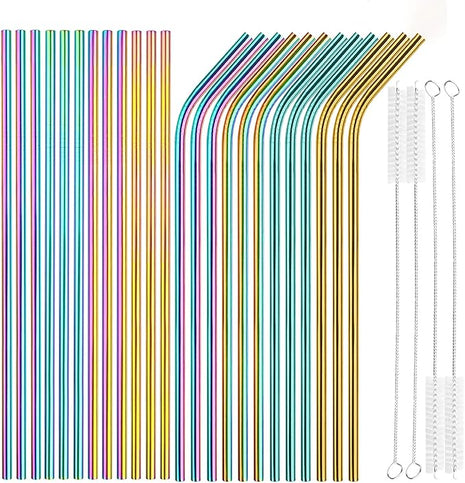 [24 PCS] Value Pack Reusable Stainless Steel Straws in Bulk Extra Long 10.4 inch Colorful,Tomorotec Metal Straw Sets with Cleaning Brushes,12 Straight 12 Bent For Tumblers Beverage Drink Cocktail