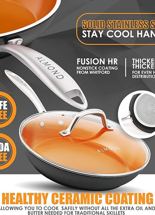 Nonstick Ceramic Copper Frying Pan: Non Stick 8 Inches Skillet With Glass Lid - Round Aluminum Saute Pan for Gas, Electric and Induction Cooktops (8 Inch)