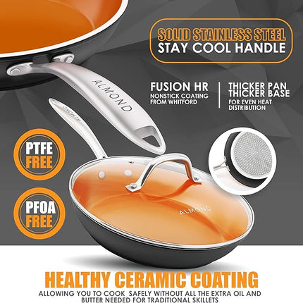Nonstick Ceramic Copper Frying Pan: Non Stick 8 Inches Skillet With Glass Lid - Round Aluminum Saute Pan for Gas, Electric and Induction Cooktops (8 Inch)