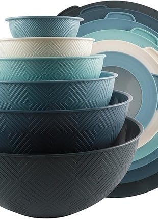 COOK WITH COLOR Mixing Bowls with Lids - 12 Piece Plastic Nesting Bowls Set includes 6 Prep Bowls and 6 Lids, Rhombus Design - Microwave Safe (Blue)