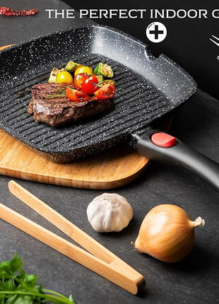 Moss & Stone Square Grill Pan for Indoor Cooking, 11-Inch Nonstick Griddle Skillet with Removable Handle, RV Die-Cast Aluminum Stove Top Grill Pan for Meats & Vegetables, Detachable Handle