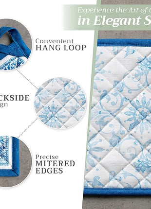 Maison d' Hermine 100% Cotton Oven Mitt & Pot Holder Set (7.5"x13" & 8"x8") Heat Resistant BBQ Cooking Gloves with Loop, Baking, Grilling, Kitchen, Handling Hot Pans Spring/Summer (Cedrat)