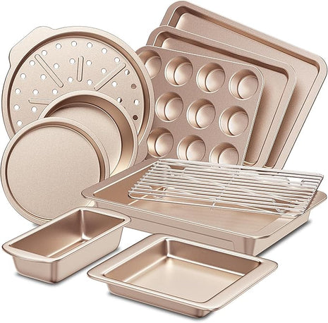 HONGBAKE Bakeware Sets, Baking Pans Set, Nonstick Oven Pan for Kitchen with Wider Grips, 10-Piece Including Rack, Cookie Sheet, Cake Pans, Loaf Pan, Muffin Pan, Pizza Pan - Champagne Gold