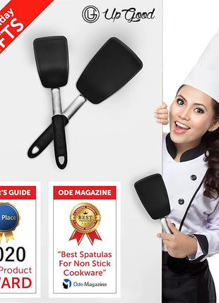 UpGood Silicone Turner Set 600ºF Heat Resistant - Large & Small Kitchen Spatulas with Tapered Edges & Flexible Stainless Steel - Cooking Utensil for Flipping Egg, Pancakes in Nonstick Cookware (2 Pcs)