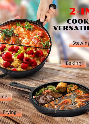 Overmont Cast Iron Dutch Oven with dual use Skillet lid for Oven, Induction, Electric, Grill, Stovetop, (3.2QT Pot, 10.5 inches)