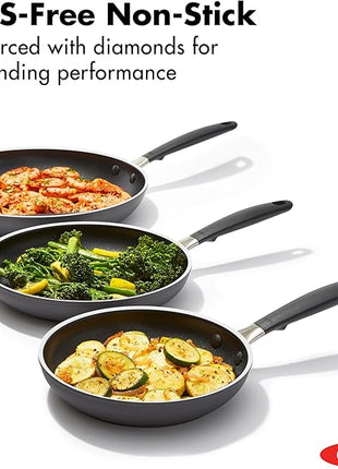 OXO 8”, 10” & 12” Non-Stick Every Day Frying Pan Set, BPA-Free Comfort Grip Silicone Handles, Dishwasher & Oven Safe, PFAS-Free Ceramic Skillets, Black