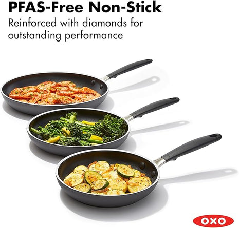 OXO 8”, 10” & 12” Non-Stick Every Day Frying Pan Set, BPA-Free Comfort Grip Silicone Handles, Dishwasher & Oven Safe, PFAS-Free Ceramic Skillets, Black