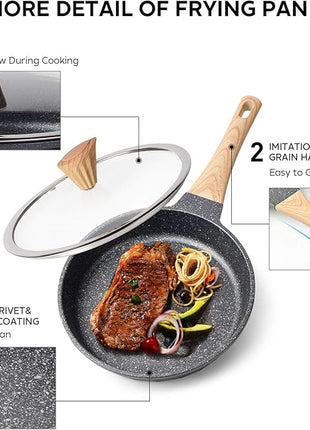 Non Stick Frying Pan Set - Stone Skillet Set, Kitchen Omelette Pans, Induction Chef' Pan Grainte Cookware Set, Nonstick Frying Pans with Lid(8inch&9.5inch&11inch)