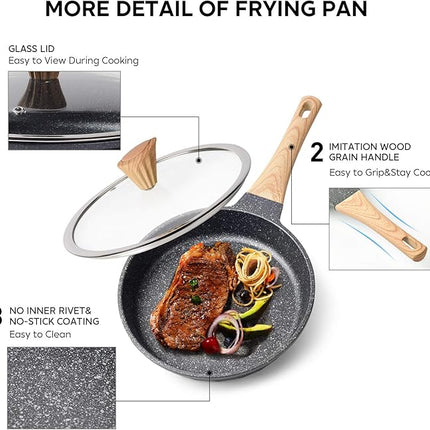 Non Stick Frying Pan Set - Stone Skillet Set, Kitchen Omelette Pans, Induction Chef' Pan Grainte Cookware Set, Nonstick Frying Pans with Lid(8inch&9.5inch&11inch)