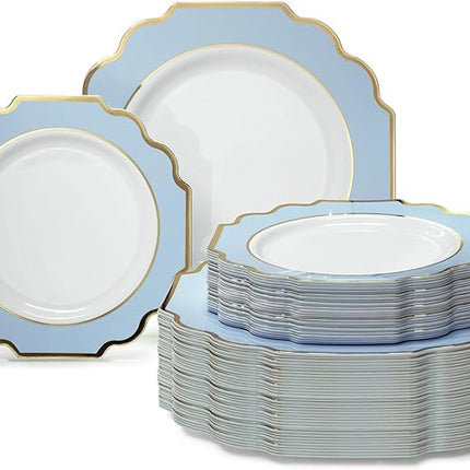 " OCCASIONS " 120 Plates Pack,(60 Guests) Heavyweight Wedding Party Disposable Plastic Plates Set -60 x 10.5'' Dinner + 60 x 8'' Salad/Dessert Plate (Imperial in White/Blue & Gold)