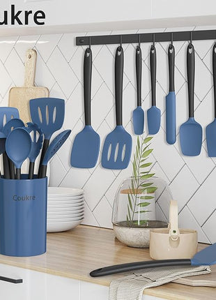 Coukre Silicone Kitchen Cooking Utensils Set with Holder – Heat-Resistant, Food-Grade Kitchen Tools, Spatula, Spoon & Gadgets for Non-Stick Pans, Dishwasher Safe (14, DarkBlue)