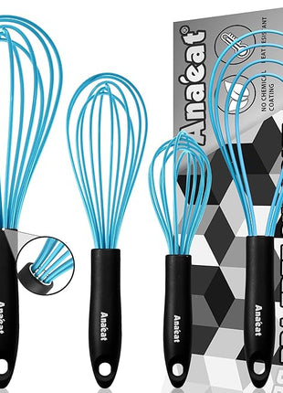 Anaeat Silicone Kitchen Whisk Set of 4, Perfect for Non-Stick Cookware, Milk and Egg Beater Blender for Whisking, Cooking, Baking, Beating - 11'' Flat Whisk and 8.5''+10.5''+12'' Balloon Whisks (Blue)