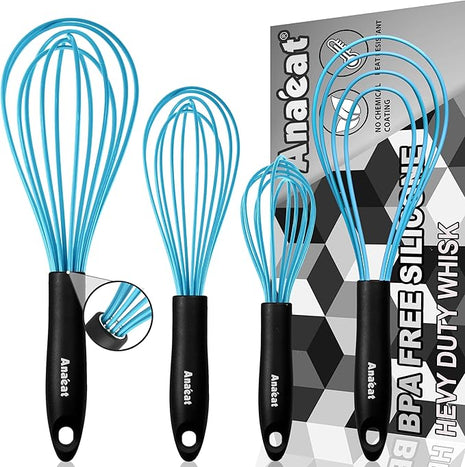 Anaeat Silicone Kitchen Whisk Set of 4, Perfect for Non-Stick Cookware, Milk and Egg Beater Blender for Whisking, Cooking, Baking, Beating - 11'' Flat Whisk and 8.5''+10.5''+12'' Balloon Whisks (Blue)