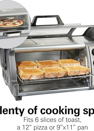 Hamilton Beach Air Fryer Toaster Oven Combo with Large Capacity, Fits 6 Slices or 12” Pizza, 4 Cooking Functions for Convection, Bake, Broil, Roll-Top Door, Easy Reach Sure-Crisp, Stainless Steel
