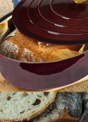 La Cuisine Enameled Cast Iron Oval Dutch Oven Casserole Dish Pot with Lid 5 QT Internal Matte Black Enamel Coating, Cranberry, Gold-Plated Stainless Steel Lid Handle, Oven Safe