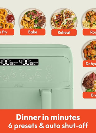 bella 4 Qt TriZone Air Fryer, EverGood™ Ceramic Nonstick Coating, Dual Basket Design w Removable Divider, Digital Touchscreen Control w 6 Preset Cooking Options, 1200 Watt, 3lb Capacity, Seaglass