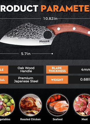 Huusk Hand Forged Meat Cleaver - Butcher Knife for Meat Cutting, Japanese Kitchen Viking Knife with Sheath, Cooking Knives for Kitchen and Outdoor Camping, Thanksgiving Christmas Gifts