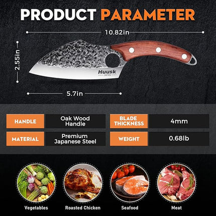 Huusk Hand Forged Meat Cleaver - Butcher Knife for Meat Cutting, Japanese Kitchen Viking Knife with Sheath, Cooking Knives for Kitchen and Outdoor Camping, Thanksgiving Christmas Gifts