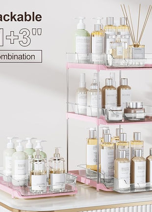 Delamu 2-Tier Multi-Purpose Bathroom Under Sink Organizers and Storage, Stackable Kitchen Pantry Organization, Pull Out Medicine Cabinet Organizer with Movable Dividers, Pink, 2 Pack