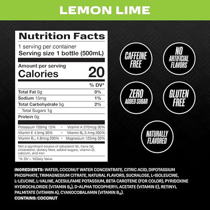 PRIME Hydration LEMON LIME, Sports Drinks, Electrolyte Enhanced for Replenishing Fluids, 250mg BCAAs, B Vitamins, Antioxidants, Low Sugar, 16.9 Fl Oz, 12 Pack