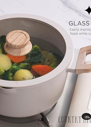 Country Kitchen Non-Stick Cast Aluminum Cookware Set - Durable Kitchen Cookware for Everyday Cooking, Cream Round Handle, 11 Pc.