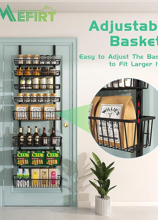 Over The Door Pantry Organizer, Pantry Organization and Storage, 8-Tier Deep Baskets Hanging Heavy-Duty Metal, Wall Spice Rack Seasoning Shelves for Home & Kitchen, Laundry Room Bathroom, Black
