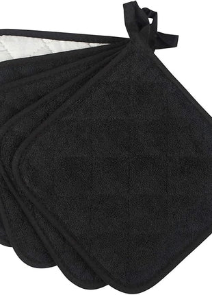 100% Cotton Kitchen Everyday Basic Terry Pot Holder Heat Resistant Coaster Potholder for Cooking and Baking Set of 5 Black